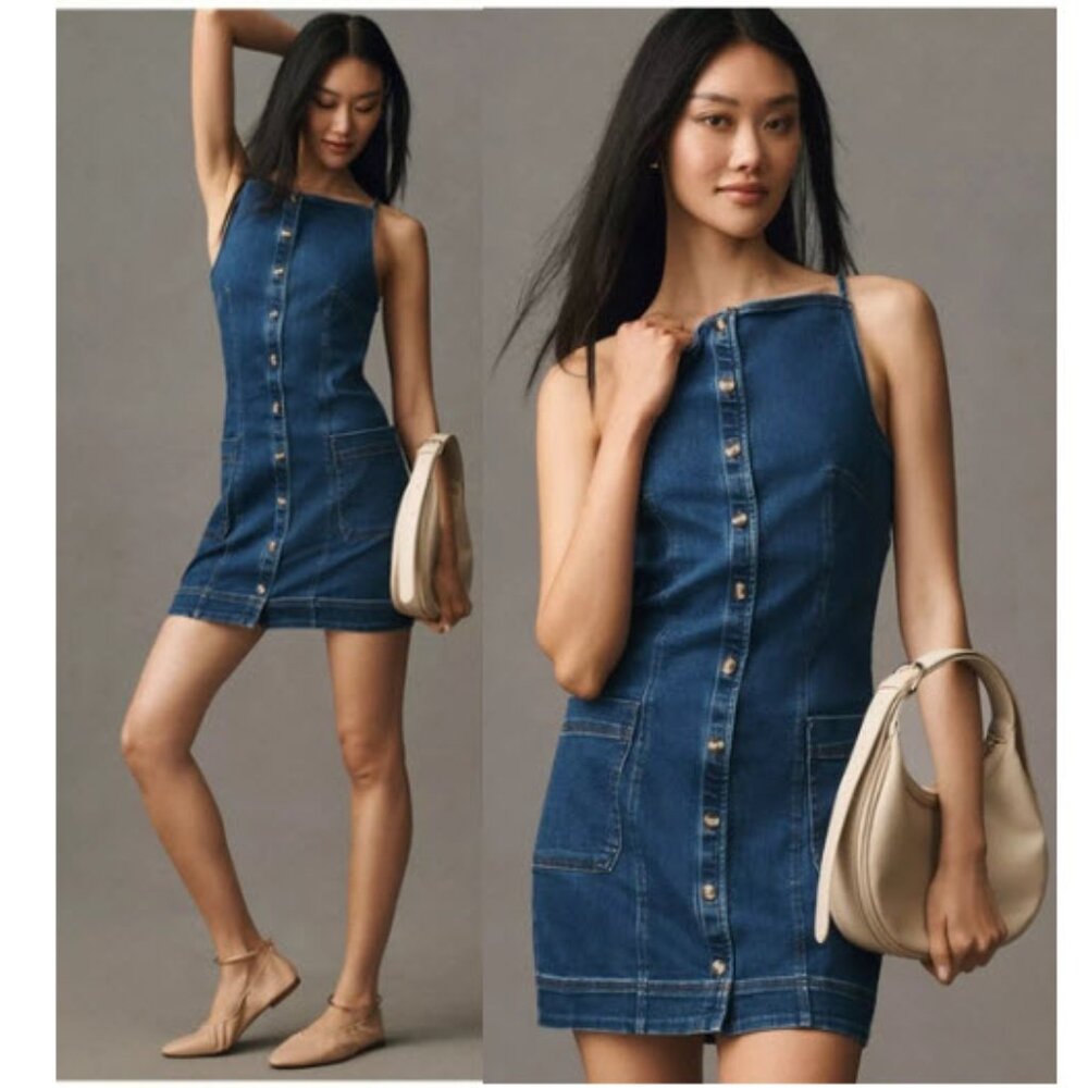 Maeve by Anthropologie High Square-Neck Button-Front Denim Mini Dress Size S